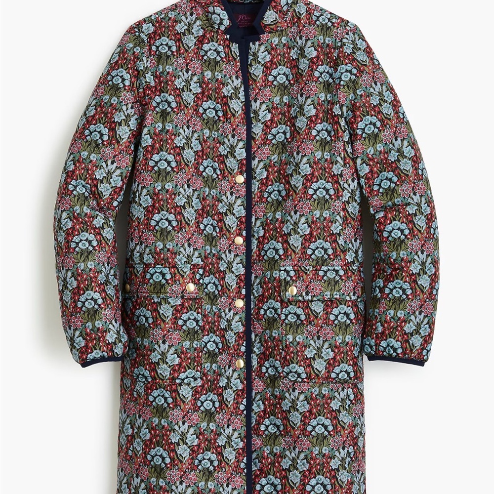 J. Crew X Liberty Fabric Floral Red and Blue Quilted Puffer Coat with Primaloft